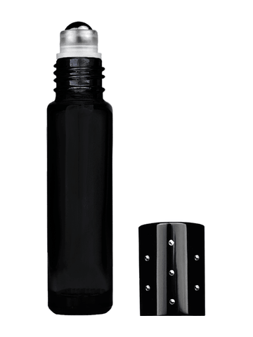 Cylinder design 9ml,1/3 oz black glass bottle with metal roller ball plug and black dot cap.