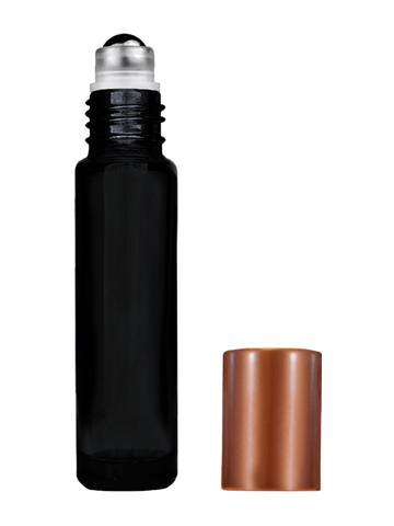 Cylinder design 9ml,1/3 oz black glass bottle with metal roller ball plug and matte copper cap.