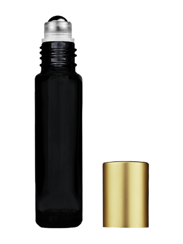 Cylinder design 9ml,1/3 oz black glass bottle with metal roller ball plug and matte gold cap.