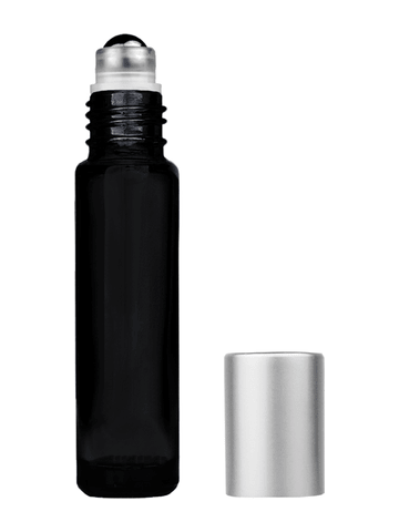 Cylinder design 9ml,1/3 oz black glass bottle with metal roller ball plug and matte silver cap.