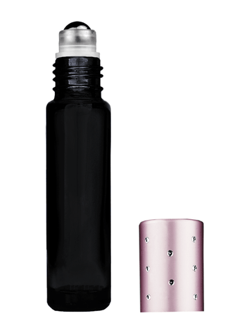 Cylinder design 9ml,1/3 oz black glass bottle with metal roller ball plug and pink dot cap.