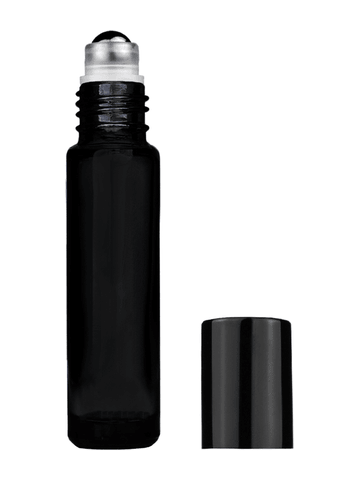 Cylinder design 9ml,1/3 oz black glass bottle with metal roller ball plug and shiny black cap.