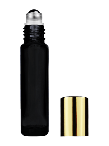 Cylinder design 9ml,1/3 oz black glass bottle with metal roller ball plug and shiny gold cap.