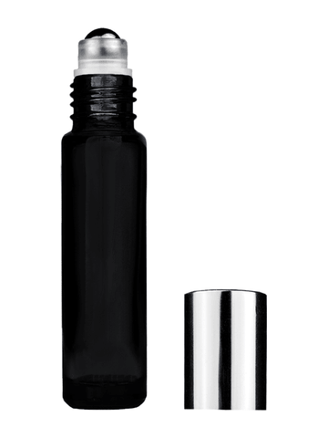 Cylinder design 9ml,1/3 oz black glass bottle with metal roller ball plug and shiny silver cap.