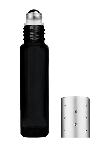 Cylinder design 9ml,1/3 oz black glass bottle with metal roller ball plug and silver dot cap.