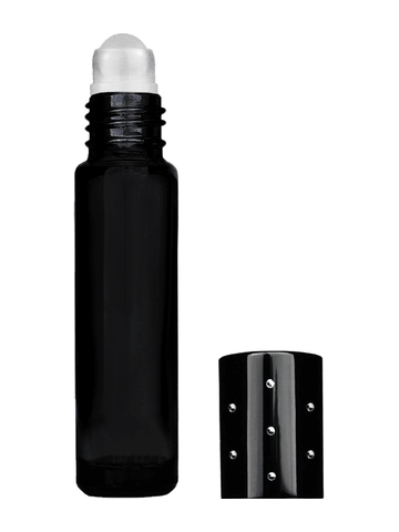 Cylinder design 9ml,1/3 oz black glass bottle with plastic roller ball plug and black dot cap.