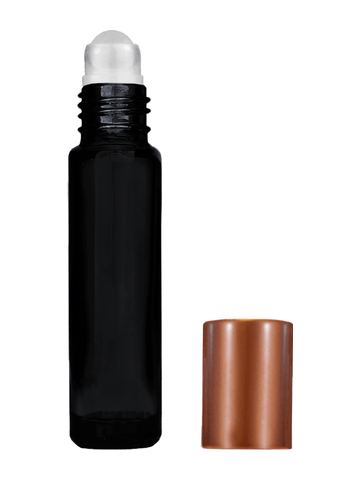 Cylinder design 9ml,1/3 oz black glass bottle with plastic roller ball plug and matte copper cap.