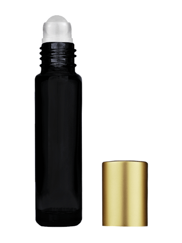 Cylinder design 9ml,1/3 oz black glass bottle with plastic roller ball plug and matte gold cap.