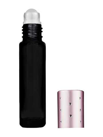 Cylinder design 9ml,1/3 oz black glass bottle with plastic roller ball plug and pink dot cap.
