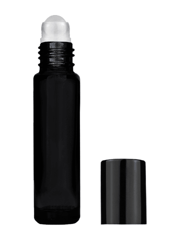 Cylinder design 9ml,1/3 oz black glass bottle with plastic roller ball plug and shiny black cap.