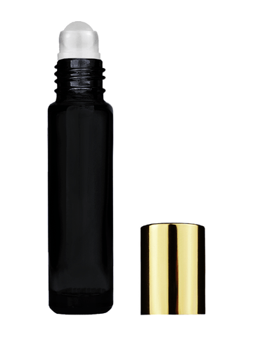 Cylinder design 9ml,1/3 oz black glass bottle with plastic roller ball plug and shiny gold cap.