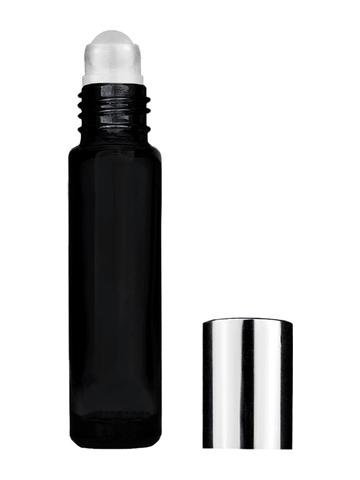 Cylinder design 9ml,1/3 oz black glass bottle with plastic roller ball plug and shiny silver cap.