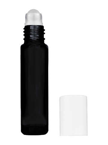 Cylinder design 9ml,1/3 oz black glass bottle with plastic roller ball plug and white cap.