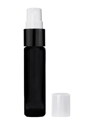Cylinder design 9ml,1/3 oz black glass bottle with fine mist sprayer with black trim and plastic overcap.