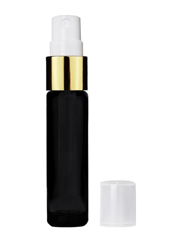 Cylinder design 9ml,1/3 oz black glass bottle with fine mist sprayer with gold trim and plastic overcap.
