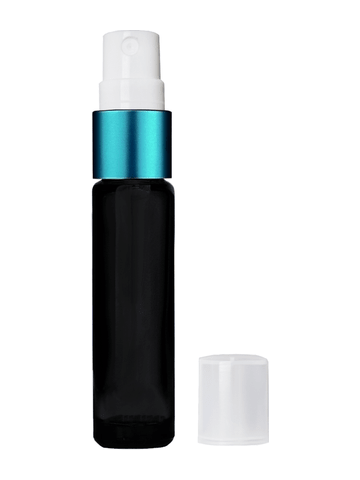 Cylinder design 9ml,1/3 oz black glass bottle with fine mist sprayer with turquoise trim and plastic overcap.