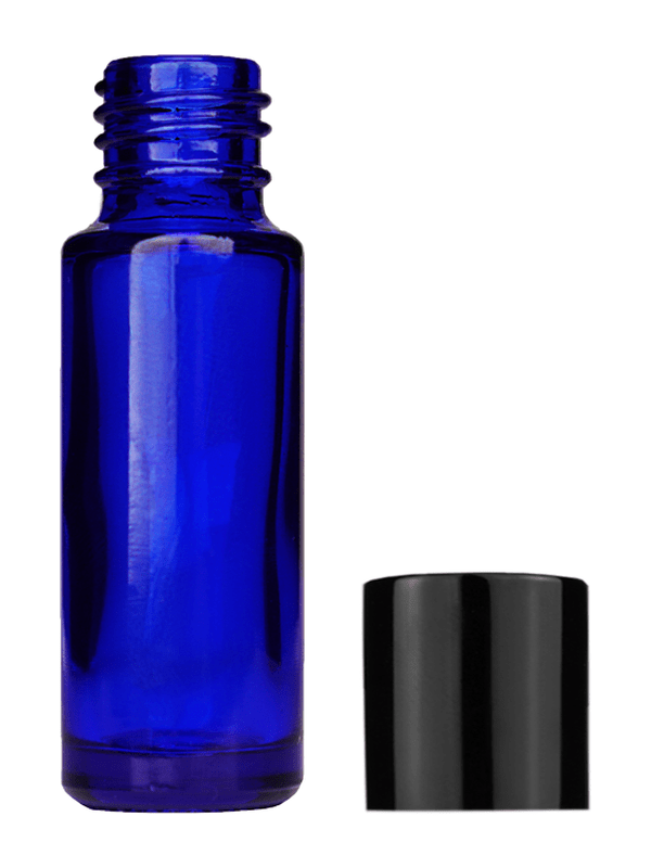 Empty Blue glass bottle with short shiny black cap capacity: 5ml, 1/6oz. For use with perfume or fragrance oil, essential oils, aromatic oils and aromatherapy.