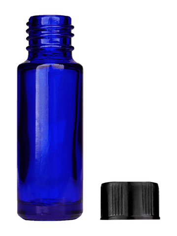 Cylinder design 5ml, 1/6oz Blue glass bottle with short black ridged cap.