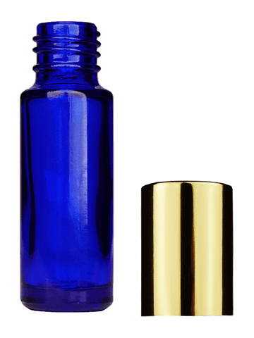 Cylinder design 5ml, 1/6oz Blue glass bottle with shiny gold cap.