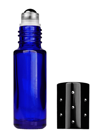 Cylinder design 5ml, 1/6oz Blue glass bottle with metal roller ball plug and black shiny cap with dots.