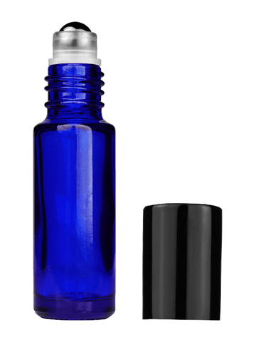 Cylinder design 5ml, 1/6oz Blue glass bottle with metal roller ball plug and black shiny cap.