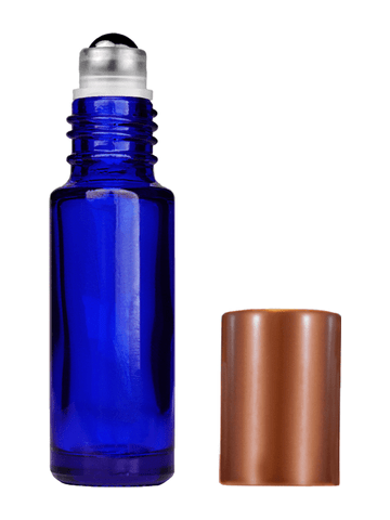 Cylinder design 5ml, 1/6oz Blue glass bottle with metal roller ball plug and matte copper cap.