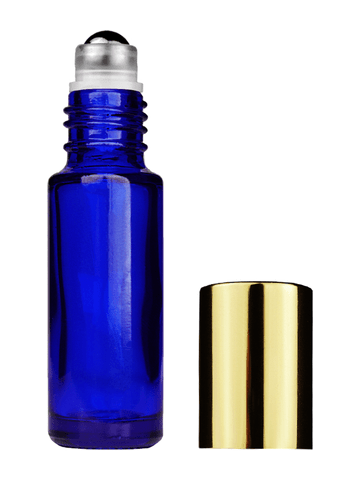 Cylinder design 5ml, 1/6oz Blue glass bottle with metal roller ball plug and shiny gold cap.