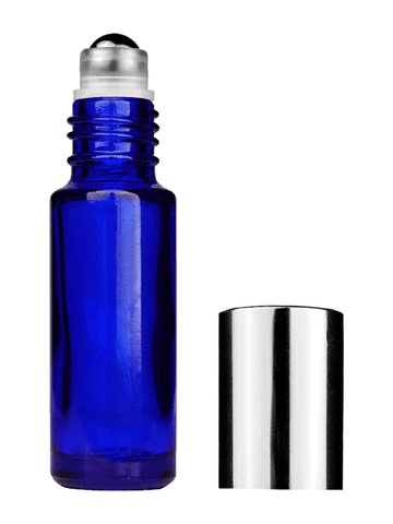 Cylinder design 5ml, 1/6oz Blue glass bottle with metal roller ball plug and shiny silver cap.