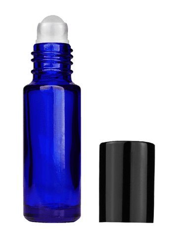 Cylinder design 5ml, 1/6oz Blue glass bottle with plastic roller ball plug and black shiny cap.