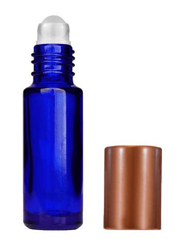 Cylinder design 5ml, 1/6oz Blue glass bottle with plastic roller ball plug and matte copper cap.