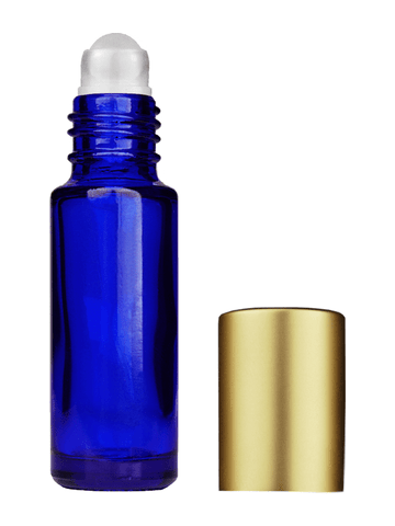 Cylinder design 5ml, 1/6oz Blue glass bottle with plastic roller ball plug and matte gold cap.