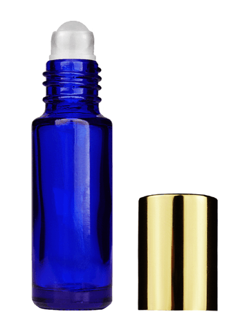 Cylinder design 5ml, 1/6oz Blue glass bottle with plastic roller ball plug and shiny gold cap.