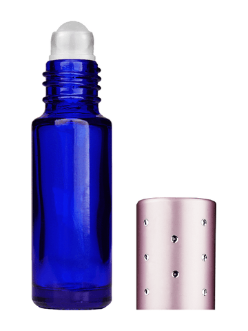 Cylinder design 5ml, 1/6oz Blue glass bottle with plastic roller ball plug and pink cap with dots.