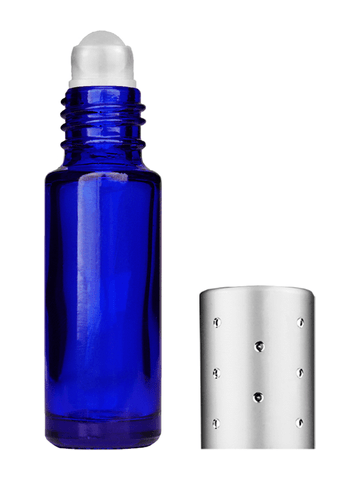 Cylinder design 5ml, 1/6oz Blue glass bottle with plastic roller ball plug and silver cap with dots.