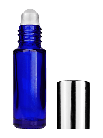 Cylinder design 5ml, 1/6oz Blue glass bottle with plastic roller ball plug and shiny silver cap.