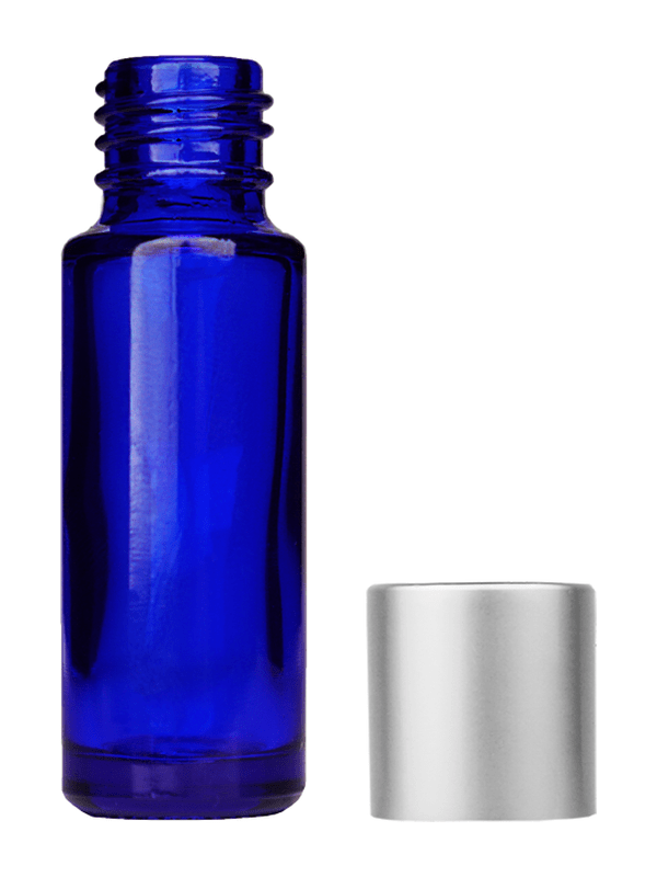 Empty Blue glass bottle with short matte silver cap capacity: 5ml, 1/6oz. For use with perfume or fragrance oil, essential oils, aromatic oils and aromatherapy.