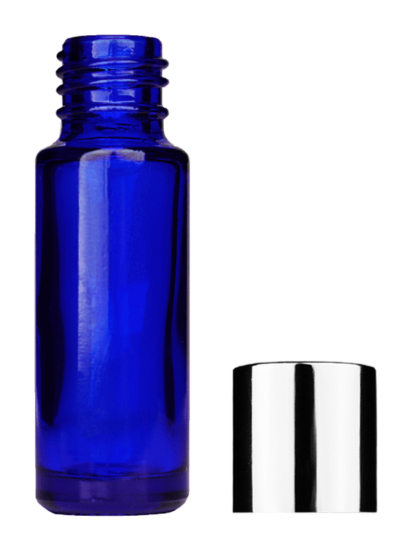 Empty Blue glass bottle with short shiny silver cap capacity: 5ml, 1/6oz. For use with perfume or fragrance oil, essential oils, aromatic oils and aromatherapy.