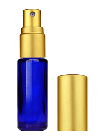 Cylinder design 5ml, 1/6oz Blue glass bottle with matte gold spray.