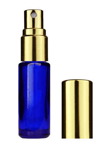 Cylinder design 5ml, 1/6oz Blue glass bottle with shiny gold spray.