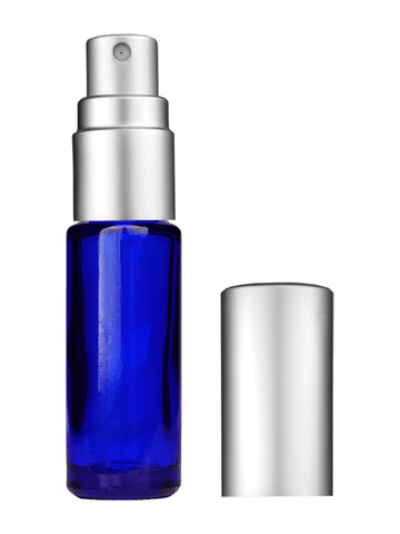 Cylinder design 5ml, 1/6oz Blue glass bottle with matte silver spray.