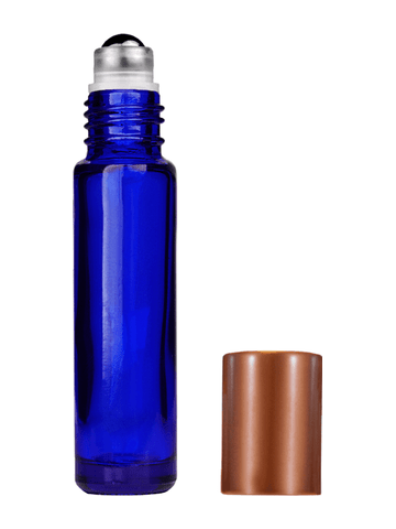 Cylinder design 9ml,1/3 oz Cobalt blue glass bottle with metal roller ball plug and matte copper cap.