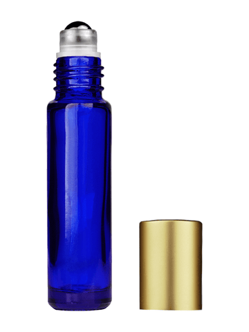 Cylinder design 9ml,1/3 oz Cobalt blue glass bottle with metal roller ball plug and matte gold cap.