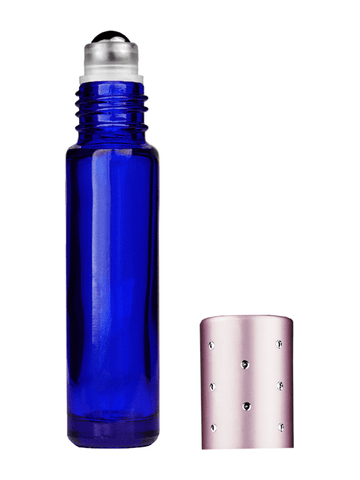 Cylinder design 9ml,1/3 oz Cobalt blue glass bottle with metal roller ball plug and pink dot cap.