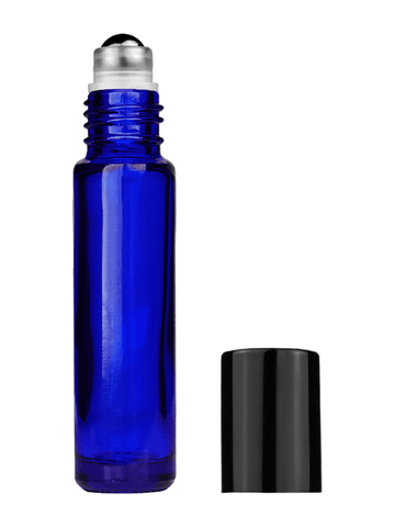 Cylinder design 9ml,1/3 oz Cobalt blue glass bottle with metal roller ball plug and shiny black cap.