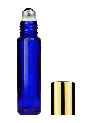 Cylinder design 9ml,1/3 oz Cobalt blue glass bottle with metal roller ball plug and shiny gold cap.