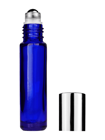 Cylinder design 9ml,1/3 oz Cobalt blue glass bottle with metal roller ball plug and shiny silver cap.