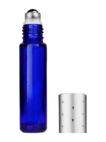 Cylinder design 9ml,1/3 oz Cobalt blue glass bottle with metal roller ball plug and silver dot cap.