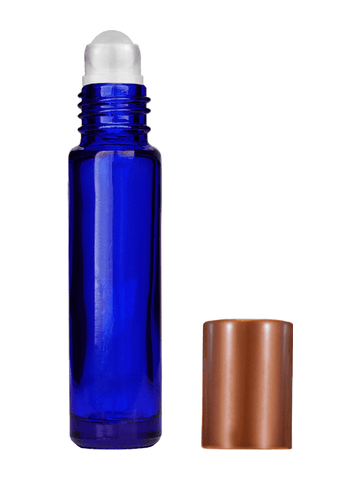 Cylinder design 9ml,1/3 oz Cobalt blue glass bottle with plastic roller ball plug and matte copper cap.