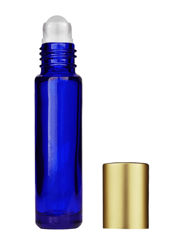 Cylinder design 9ml,1/3 oz Cobalt blue glass bottle with plastic roller ball plug and matte gold cap.