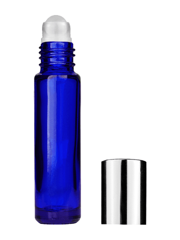 Cylinder design 9ml,1/3 oz Cobalt blue glass bottle with plastic roller ball plug and shiny silver cap.